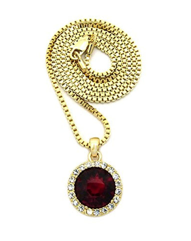 Round Faux Ruby Stone Pendant w/ 2mm 24" Box Chain Necklace in Gold-Tone