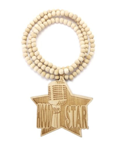 Hood Star Wood Pendant 36" Wooden Bead Chain Hip Hop Necklace in Natural-Tone WJ182NL