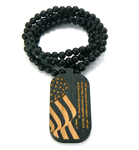 Joshua 1:9 Bible Verb US Flag Engraved Wood Pendant 36" Wooden Bead Chain Necklace - Two Tone WX39A