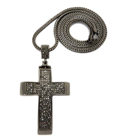 Iced Out Hematite Tone Cross Block Pendant w/ 4mm 36" Franco Chain
