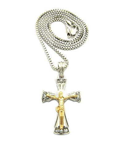 Stone Stud Silver Two-Tone Crucifix Jesus Pendant 2mm 24" Box Chain Necklace