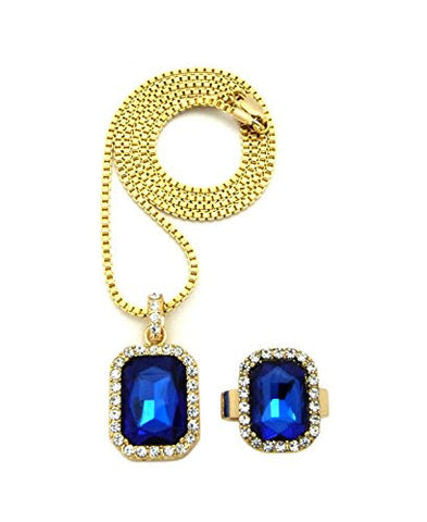 Rhinestone Studded Faux Sapphire Stone Necklace and Ring Size 9 Set in Gold-Tone