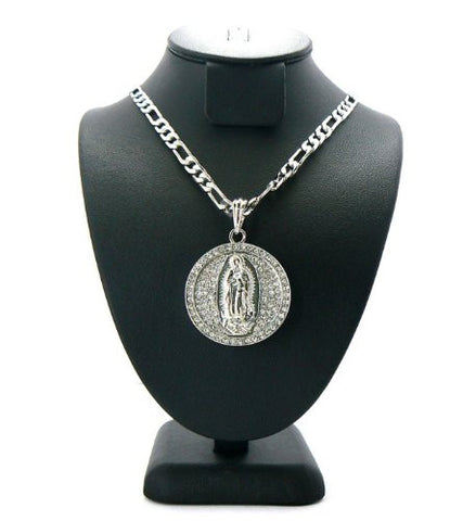 Paved Virgin Mary Pendant w/ 5mm 24" Figaro Chain in Silver Tone MSP155R