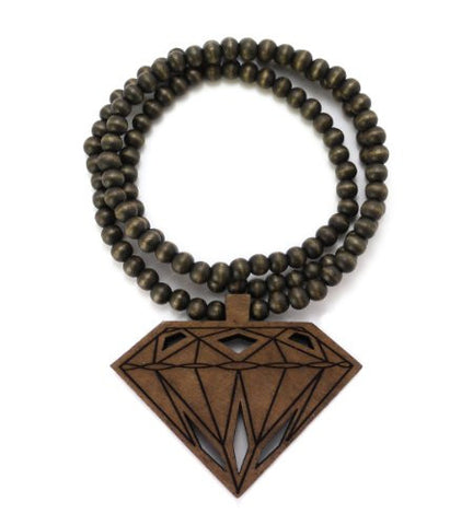 Wood Diamond Pendant 36" Wooden Bead Chain Necklace in Brown-Tone WJ164BRN