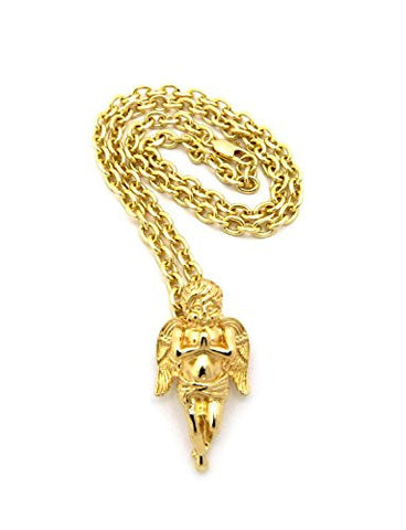 Praying Angel Pendant 4mm 18" Link Chain Necklace for Women - Gold-Tone