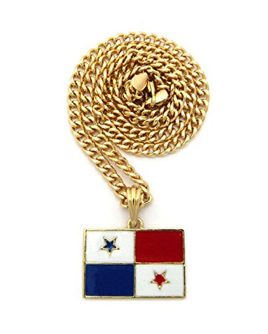 Gold-Tone Panama Flag Pendant 5mm 24" Cuban Link Chain Necklace