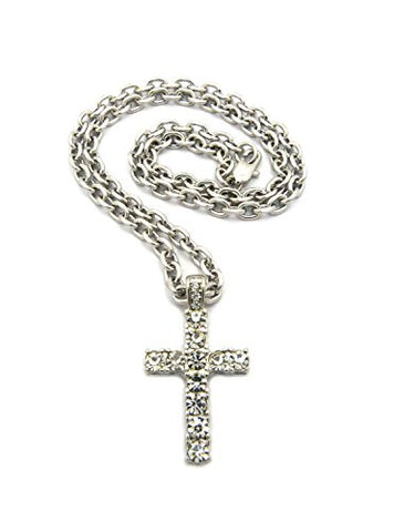 One Row Rhinestone Cross Pendant 4mm 18" Link Chain Necklace for Women - Silver-Tone