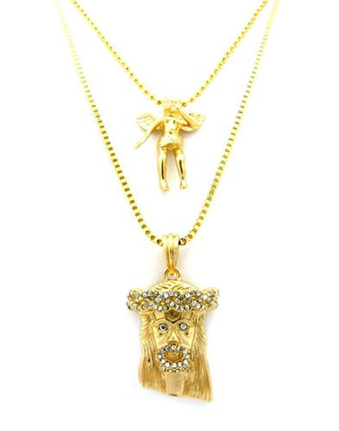 Pave Jesus & Plain Cherub Micro Pendants w/ Varying Chains - Gold Tone RC333G