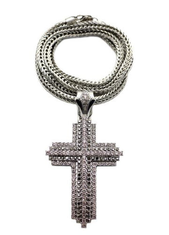 Iced Out Silver/Hematite Tone Layered Cross Pendant w/ 36" Franco Chain