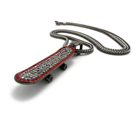 Iced Out Skateboard Pendant 4mm 36" Franco Chain Necklace in Red/Hematite-Tone