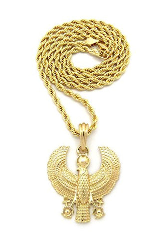 Polished Egyptian Horus Falcon Pendant w/ 3mm 24" Rope Chain Necklace in Gold-Tone