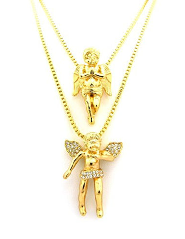 Solid & Paved Angel Micro Pendants w/ Varying Box Chains - Gold Tone RC319G