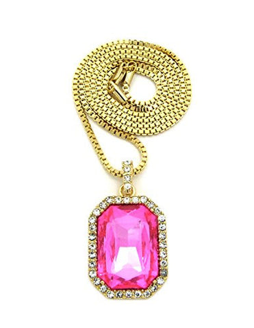 Hip Hop Rapperz Micro Pink Stone Pendant 2mm 24" Box Chain Necklace in Gold-Tone