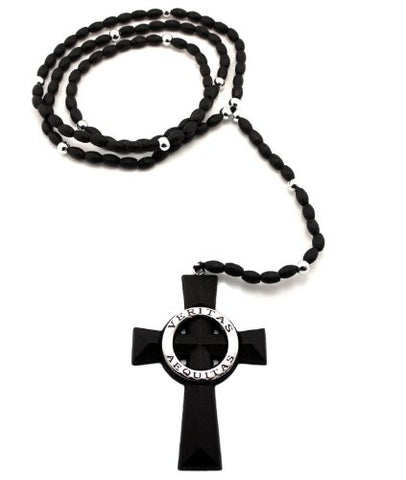 Black/Silver Tone Wooden Veritas Aequitas Cross Pendant w/ 39" Rosary Necklace
