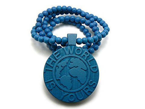 The World is Yours Globe Flat Wood Medal Pendant 8mm 36" Wooden Bead Chain Necklace in Blue