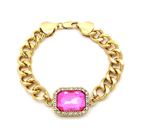 Pave Pink Stone Pendant 10mm 8.5" Link Bracelet in Gold-Tone