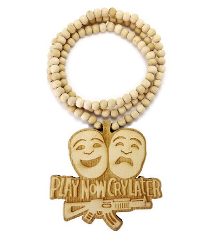 Play Now Cry Later Wood Pendant 36" Wooden Bead Chain Hip Hop Necklace in Natural-Tone WJ177NL