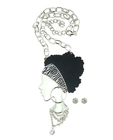 Silver-Tone Stylish Afro Woman Pendant Necklace with Stud Earrings Set