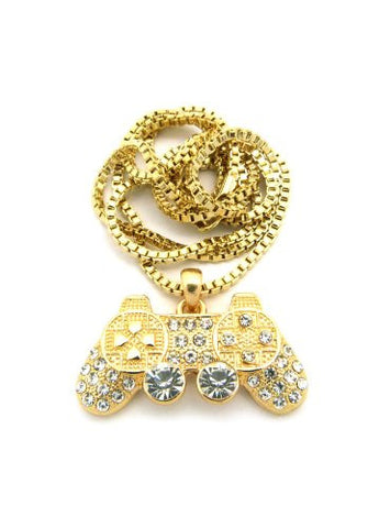 Iced Out Game Controller Micro Pendant w/ 24" Box Chain - Gold Tone XMP17GBX