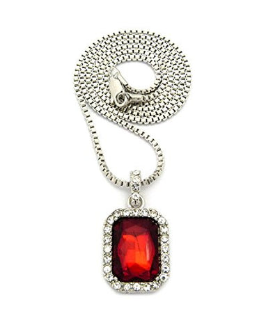 Rectangular Faux Ruby Stone Pendant w/ 2mm 24" Box Chain Necklace in Silver-Tone