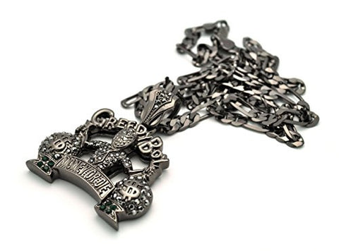 Iced Out Greedy Boy Money Or Die Micro Pendant 5mm 24" Figaro Chain Necklace in Hematite-Tone