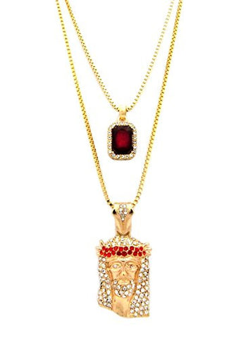 Pave Faux Ruby Stone & Red Stone Stud Jesus Face Pendant Set 2mm 24" & 30" Box Chains in Gold-Tone
