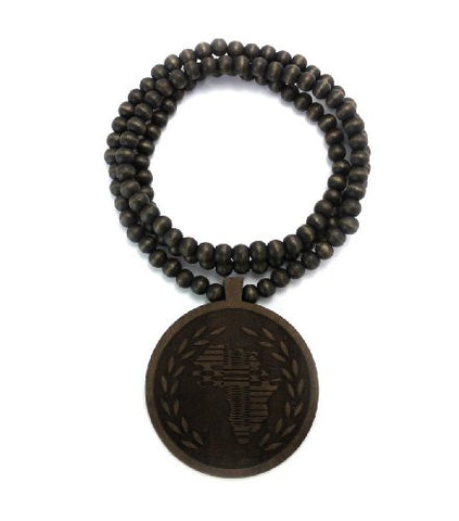 Olive Branch Peace Africa Wood Medal Pendant 36" Wooden Bead Chain Necklace in Brown-Tone WJ189BRN
