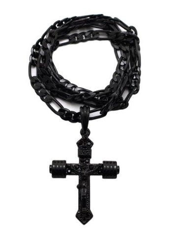 Jet Black Crucifixion Cross 5mm 24" Figaro Chain Necklace MSP331BP