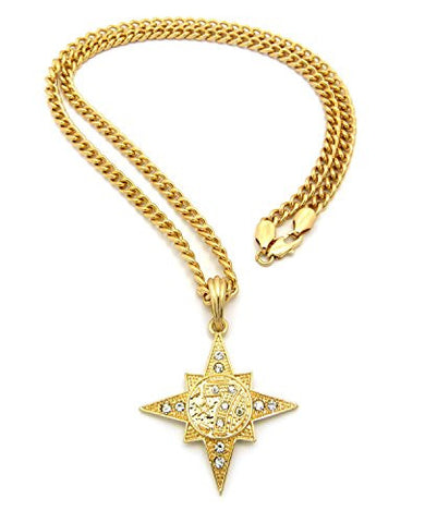 Stone Studded 5 Percenter Star Pendant with 24" Cuban Link Chain Necklace in Gold-Tone XSP410GCC