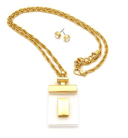 Clear Perfume Bottle Design Pendant 30" Chain Necklace with Stud Earrings in Gold-Tone JS1048GD