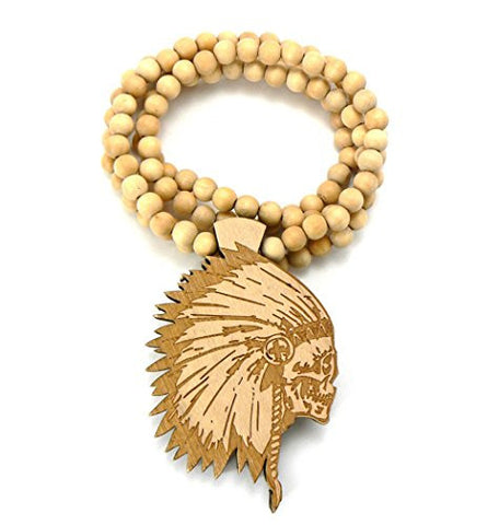Skull Head Chief Wood Pendant 36" Wooden Bead Chain Necklace in Natural-Tone WX24NL