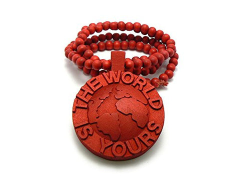 The World is Yours Globe 3D Wood Medal Pendant 8mm 36" Wooden Bead Chain Necklace in Red