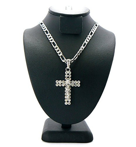 Silver Tone Rhinestone Crucifixion Cross 24" Figaro Chain Necklace MSP009R