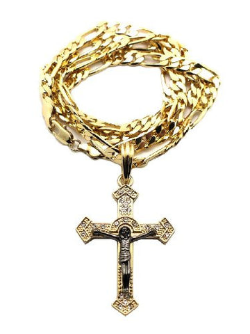 Gold Tone Crucifixion Cross Charm 5mm 24" Figaro Chain MSP328G