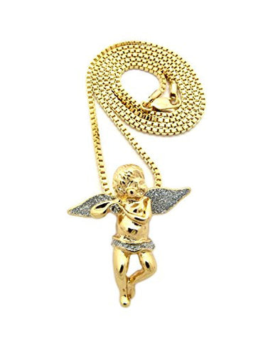 Solitaire Angel Silver-Color Glitter Micro Pendant 2mm 24" Box Chain Necklace in Gold-Tone