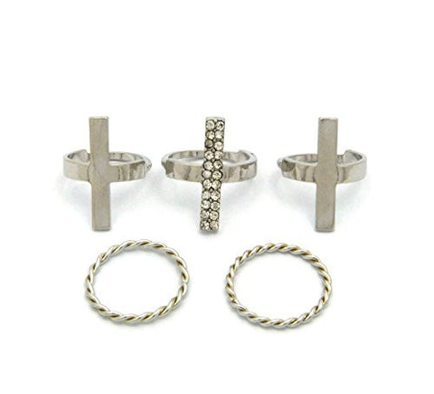 Cross Bar Design 5 Piece Midi Ring Set in Silver-Tone