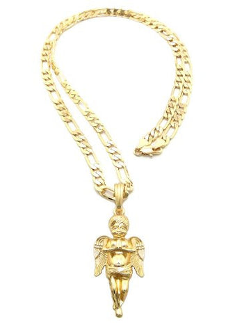 Praying Cherub Angel Gold Tone Pendant 5mm 24" Figaro Chain Necklace SP4G