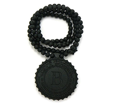 Black Wall Street Hip Hop Wood Pendant 36" Wooden Bead Chain Necklace in Black