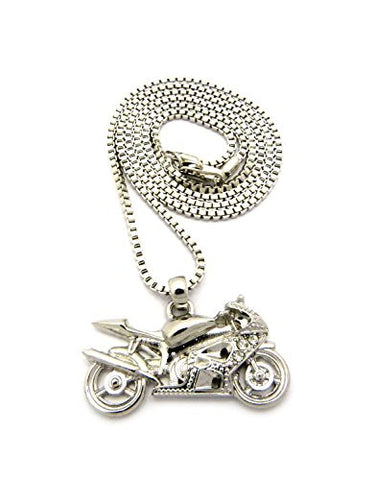 Stone Stud Motorbike Pendant 2mm 24" Box Chain Necklace in Silver-Tone
