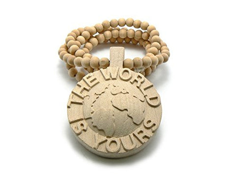 The World is Yours Globe 3D Wood Medal Pendant 8mm 36" Wooden Bead Chain Necklace in Natural-Tone