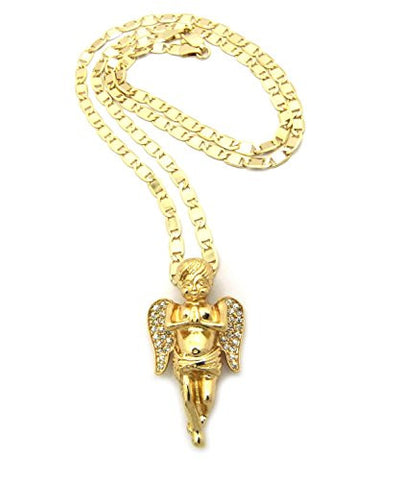 Rhinestone Pave Praying Angel Micro Pendant 4mm 24" Valentino Chain Necklace in Gold-Tone