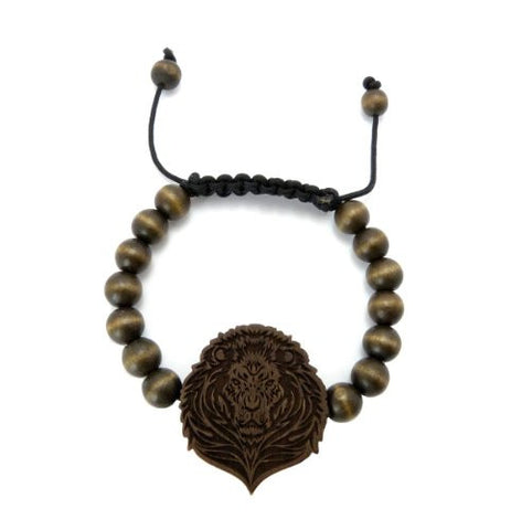 Wooden Lion Head Pendant Wood Bead Chain Bracelet in Brown-Tone WB14BRN
