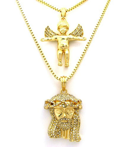 Baby Angel and Jesus Paved Micro Pendant Set w/ Box Chains