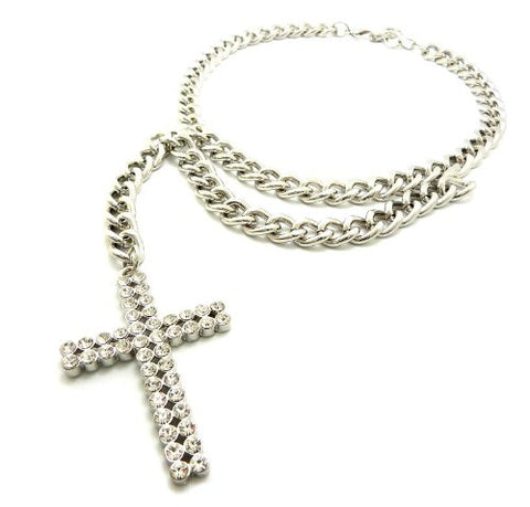 Side Hang Double Row Rhinestone Cross Necklace
