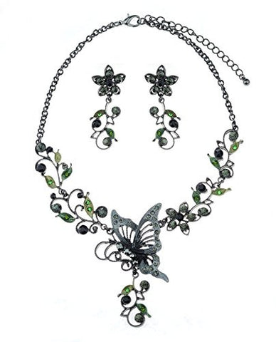 Floral Vine Design w/ Butterfly Pendant Casting Necklace & Earrings Jewelry Set in Hematite-Tone