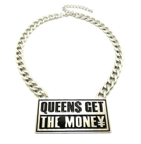 QUEENS GET THE MONEY Silver Tone Fashion Necklace w/ 12mm 18" Link Chain ON1016RDBLK