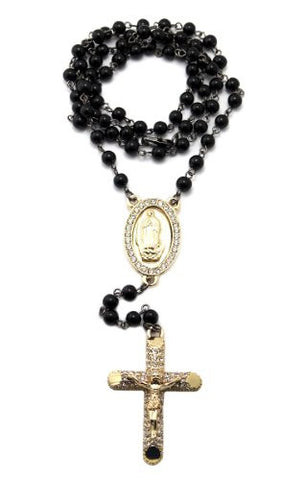 Iced Out Virgin Mary and Crucifix Cross Pendant 6mm 38" Glass Bead Rosary Necklace - Jet/Gold-Tone