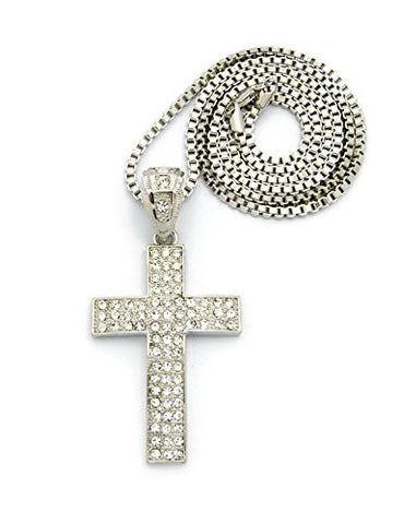 Curved 3 Row Paved Cross Pendant 30" Box Chain Necklace - Silver Tone CP141R