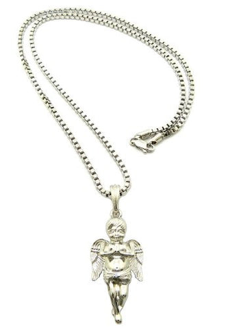 Silver Tone Floating Angel Cherub Micro Pendant 3mm 24" Box Chain SP4RBX