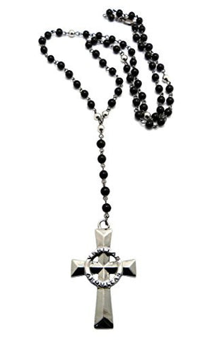 Truth & Justice Solid Veritas Aequitas Cross Pendant 6mm Glass Bead Rosary Necklace in Silver-Tone